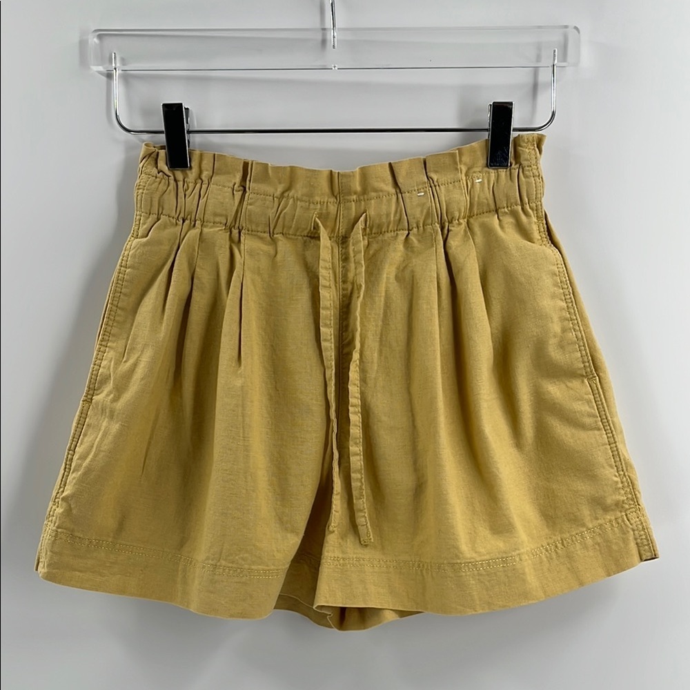 Uniqlo Yellow Linen Cotton Relaxed High Waist Shorts Drawstring Pockets XSm
